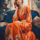 Woman in Orange Floral Dress Lounging in Green Velvet Chair