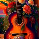 Vibrant flower bouquet in guitar sound hole with red to purple gradient.