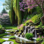 Lush garden with waterfalls, blooming trees, serene pond