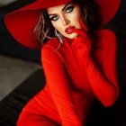 Blue-eyed woman in red attire poses elegantly on rocky terrain under cloudy sky