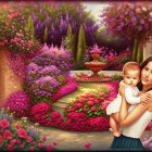 Smiling woman holding baby in vibrant garden with pink and red flowers