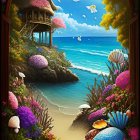 Arched window frames vibrant coastal scene with sailboat and colorful foliage