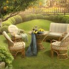 Tranquil garden scene with rattan furniture, lush greenery, and blooming flowers