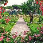 Lush pink roses and purple blooms in vibrant garden path