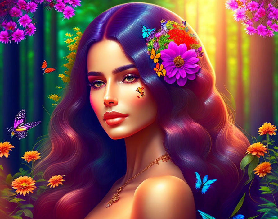 Vibrant blue hair woman with flowers and butterflies in enchanted forest