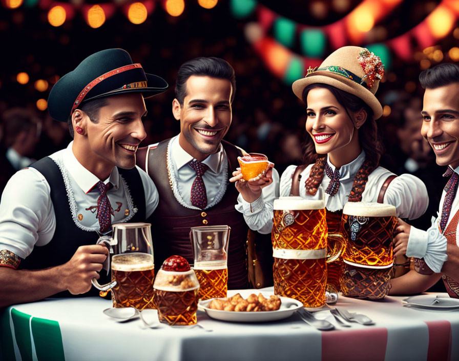 Traditional Bavarian attire: Three people with beer steins at festive event