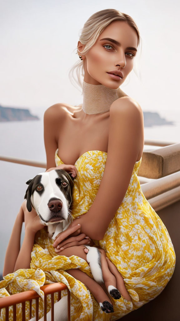 Woman in Yellow Dress with Black and White Dog on Balcony by Water