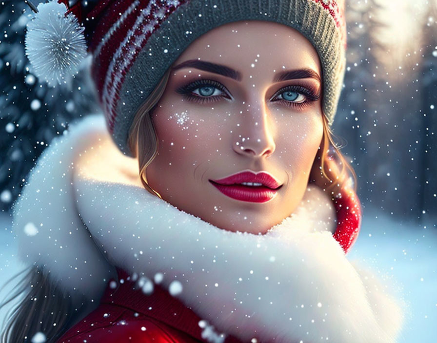 Woman with blue eyes and red lipstick in winter scene with falling snowflakes