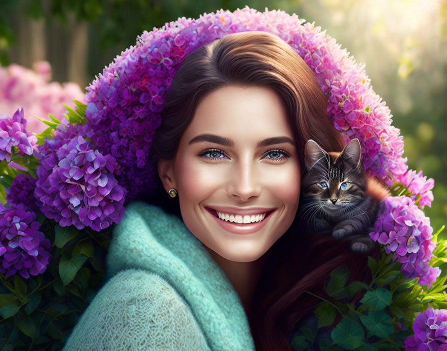 Smiling woman with blue eyes and tabby kitten among purple hydrangeas