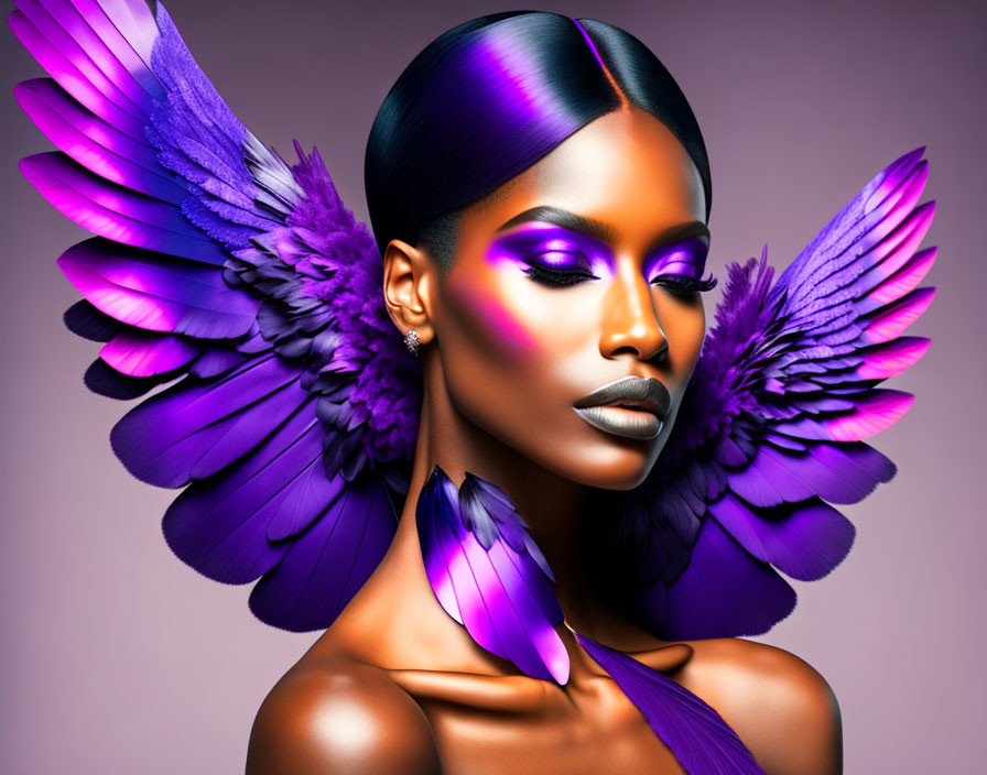 Woman with artistic makeup and purple wings on pink background