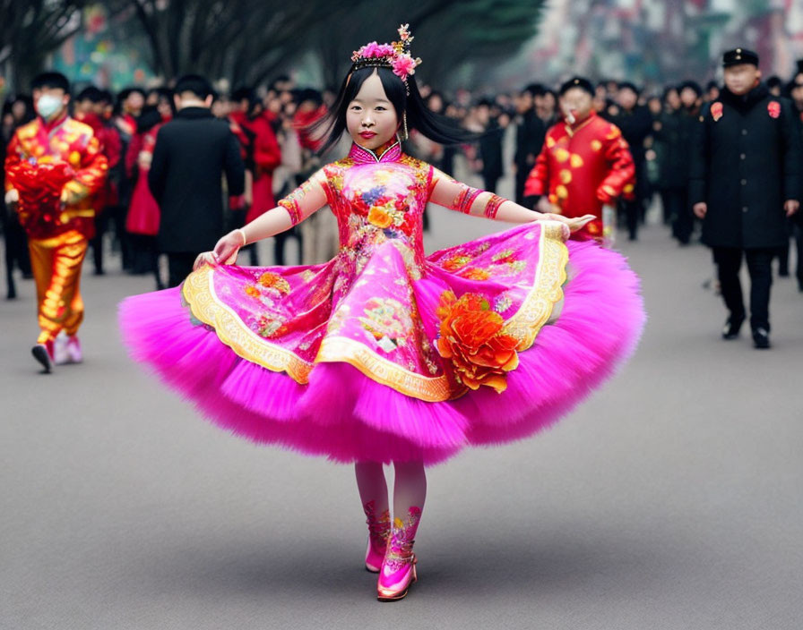 Young girl in vibrant traditional Chinese dress twirls joyfully in festive procession surrounded by onlookers