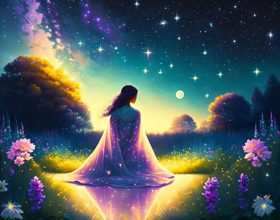 Woman in Glittering Gown in Magical Meadow at Night