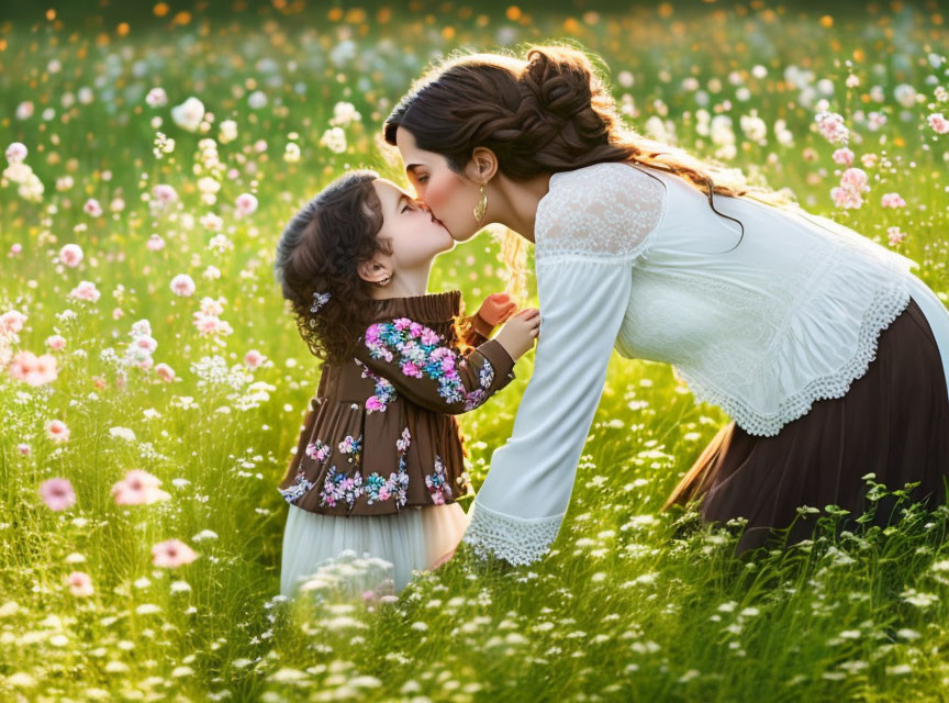 Woman and girl nose kiss in flower field amid greenery