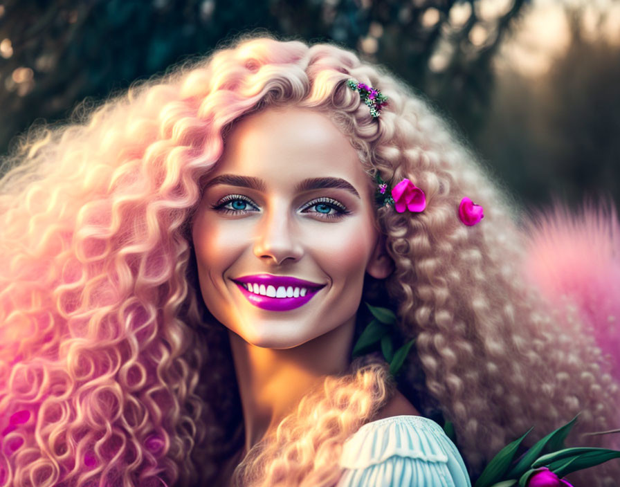 Blonde woman with curly hair and purple lipstick in natural setting