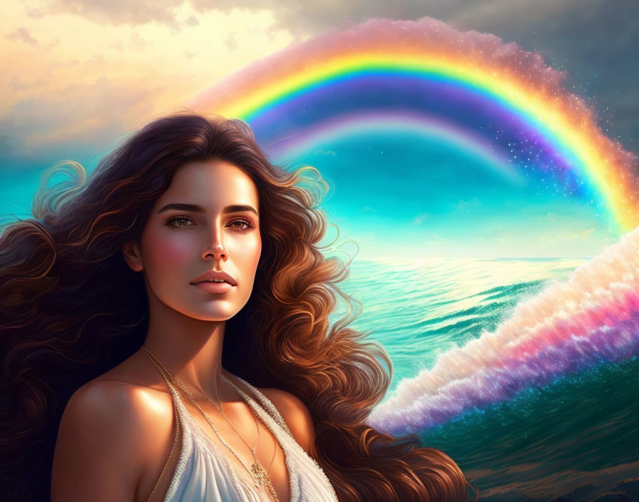 Digital artwork: Woman with flowing hair, serene expression, vibrant sky, sea, rainbow