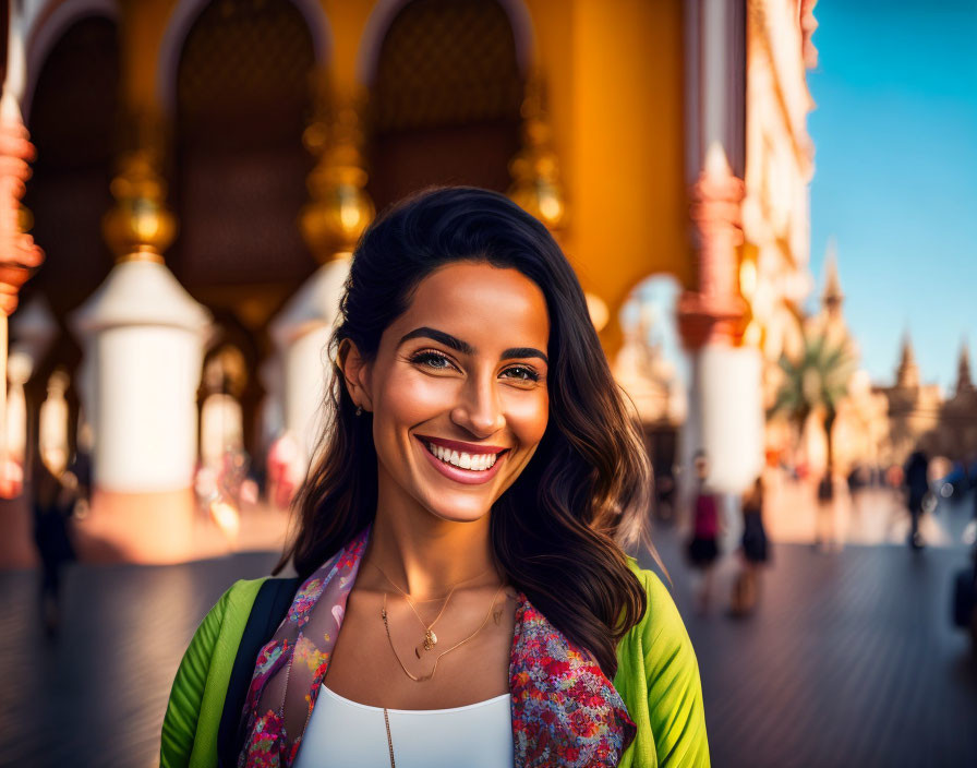 Smiling woman in colorful outfit at bustling market with ornate arches