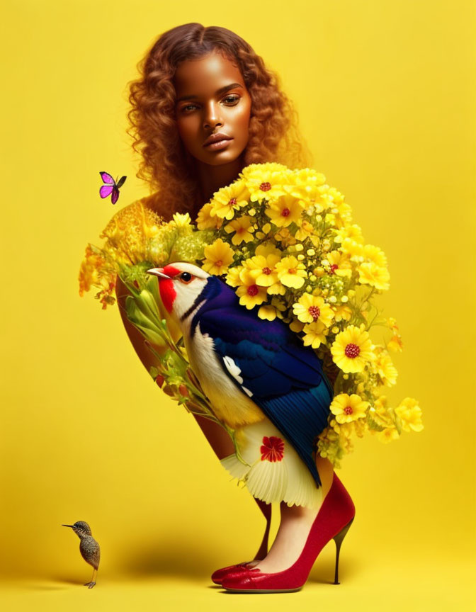 Curly-haired woman in floral dress on yellow background with birds and butterfly