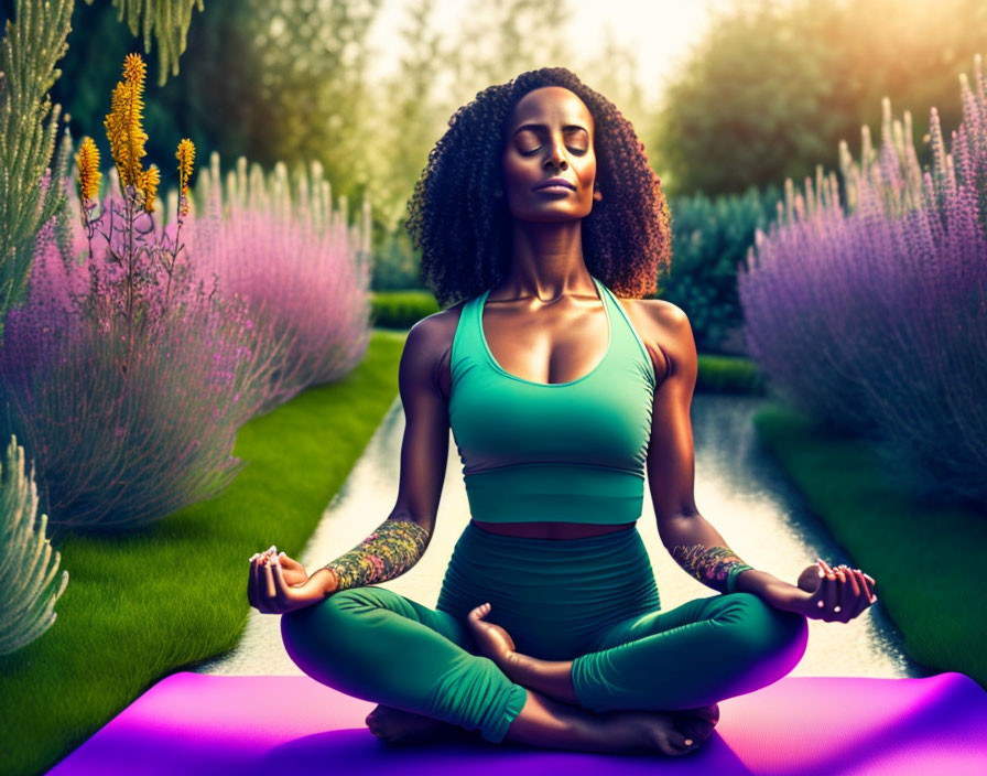 Woman practicing yoga in tranquil garden surrounded by greenery and purple flowers