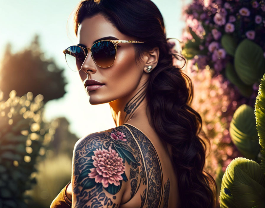 Woman with Sunglasses and Floral Tattoos Posing Against Flower Background