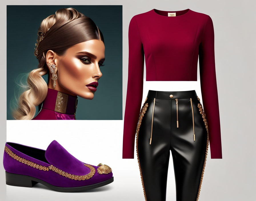 Fashionable woman in maroon top, black pants, purple shoes with gold details