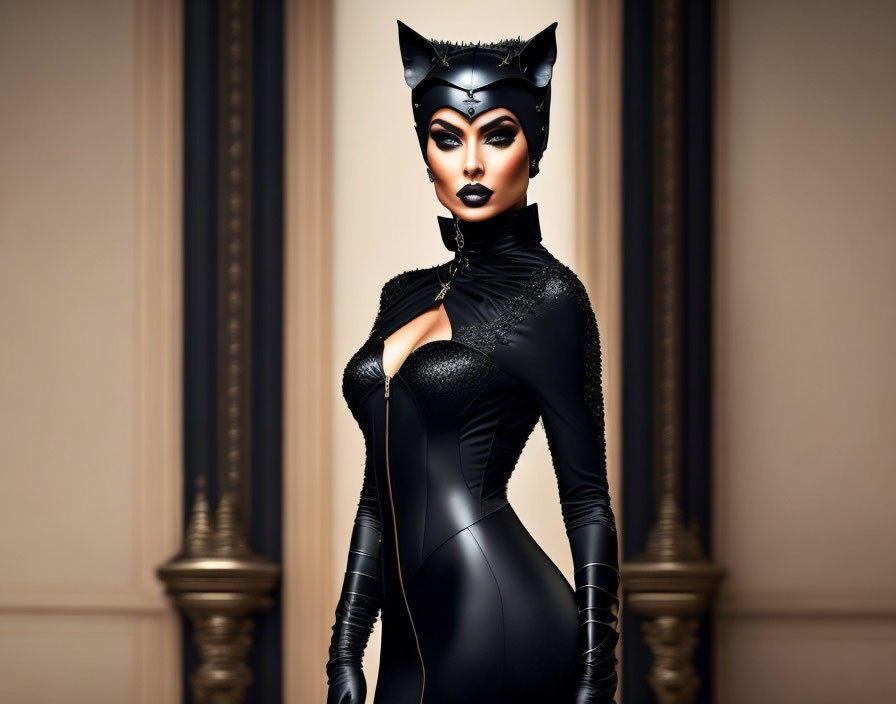 Stylized female figure in black catsuit with cat-ear headpiece against elegant backdrop