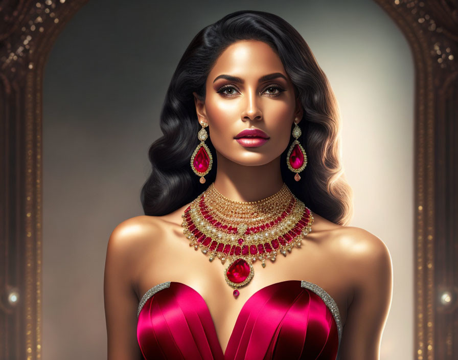 Illustrated woman with dark hair, red gown, and gold jewelry with ruby accents