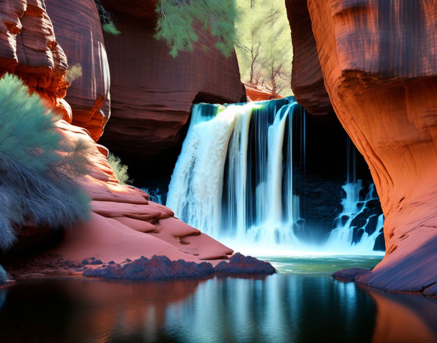 Tranquil waterfall in vibrant red rock canyon