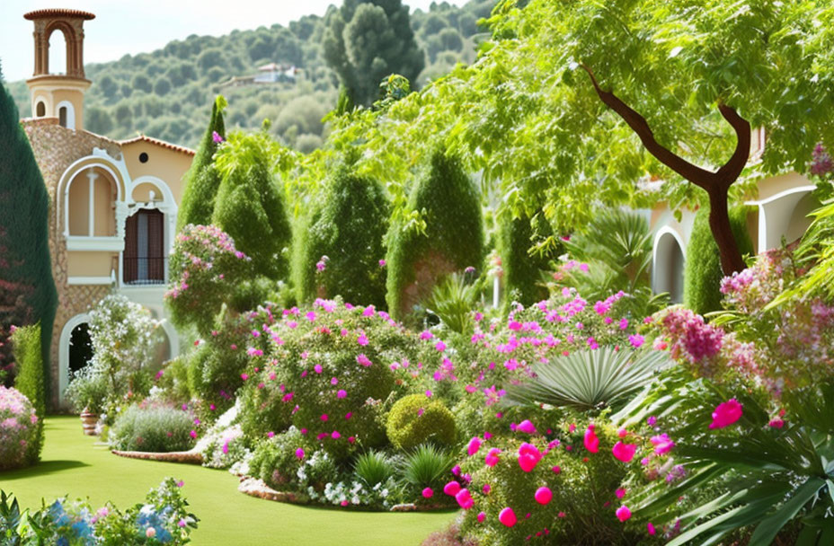 Vibrant pink flowers in lush garden with terracotta roof house