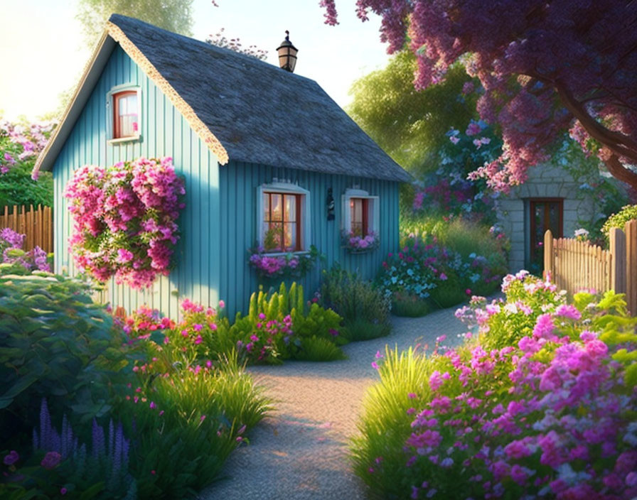 Blue cottage in lush garden with pink and purple flowers and stone path