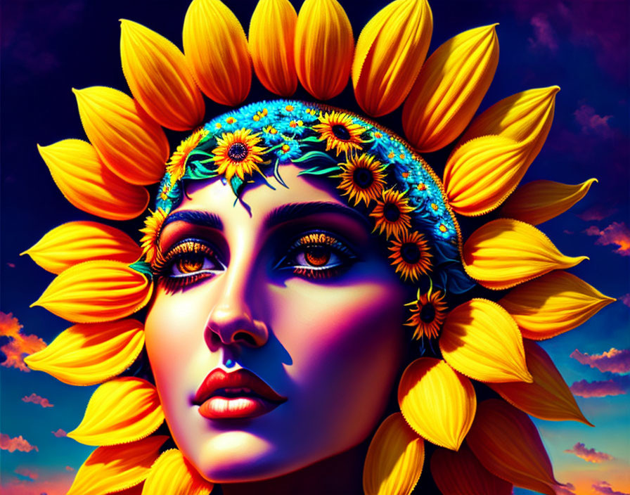 Woman with Sunflower Headdress in Purple Sky