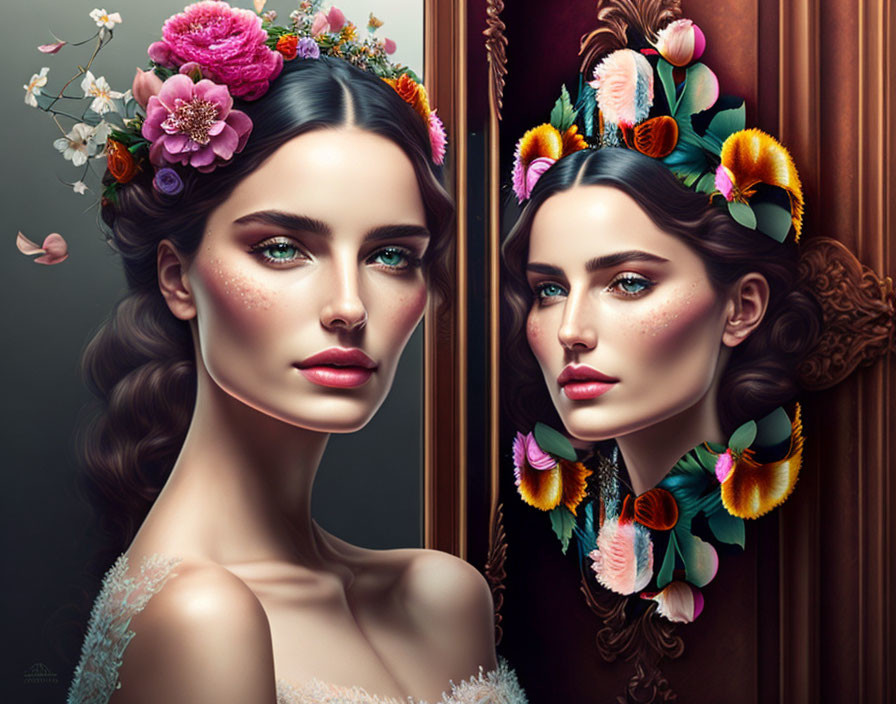 Women in floral headpieces mirrored with vintage ambiance