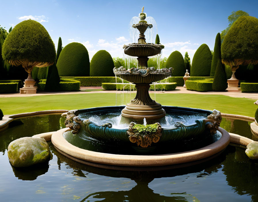 Baroque-style tiered fountain with water streams and sculpted hedges under blue sky