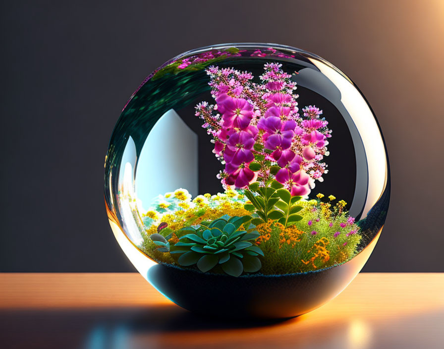 Vibrant succulents and flowers in glossy terrarium on wooden surface