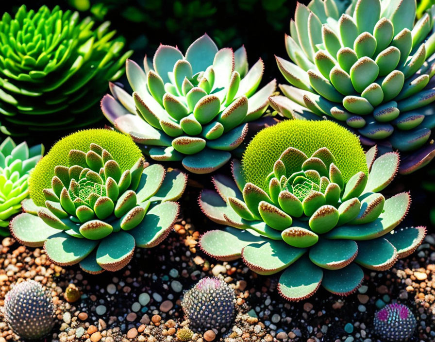 Colorful succulent plants on pebbles: Green leaves with pink edges