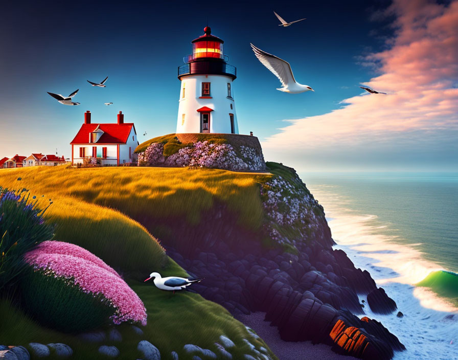 Scenic sunset view: lighthouse on cliff, ocean, flora, birds, blue sky