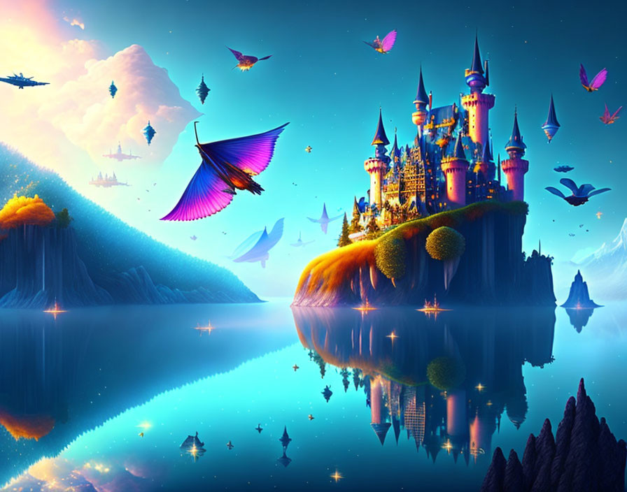 Fantasy castle on island with flying creatures in colorful landscape