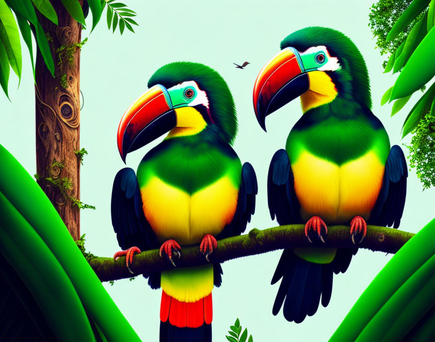 Vibrant tropical forest scene with colorful toucans on branch