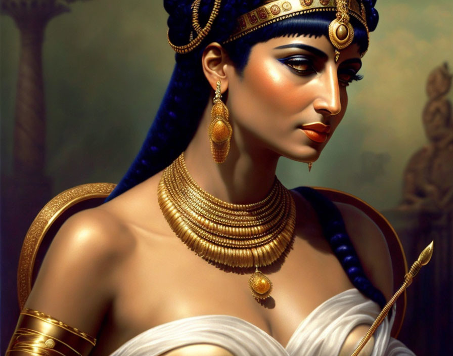 Ancient Egyptian noble woman portrayed with ornate jewelry and traditional makeup