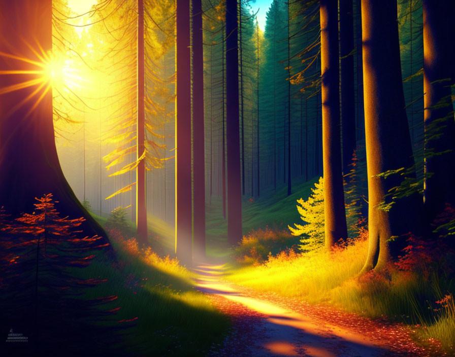 Dense Forest with Sunlight Filtering Through Tall Trees