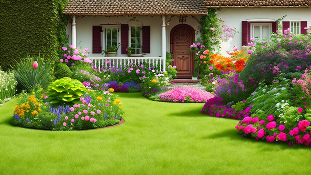 Colorful flower garden in front of quaint house with white porch