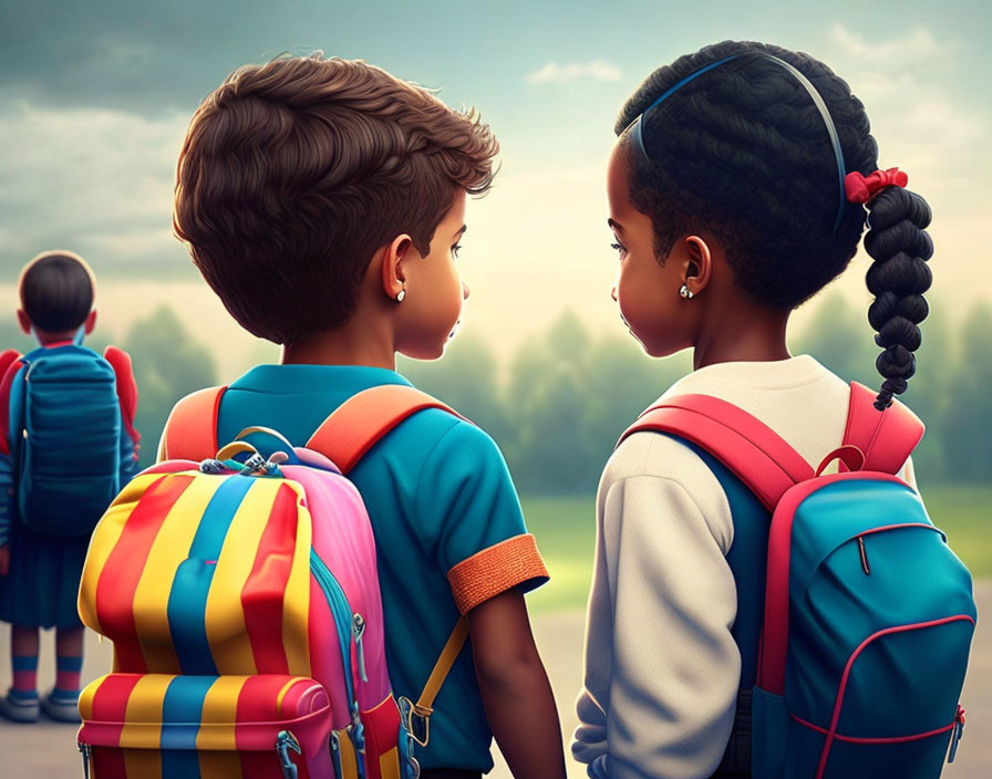 Two children with colorful backpacks in animated school scene