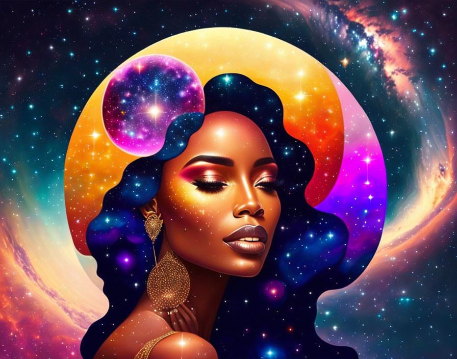 Illustrated portrait of woman with cosmic hair and makeup against celestial backdrop