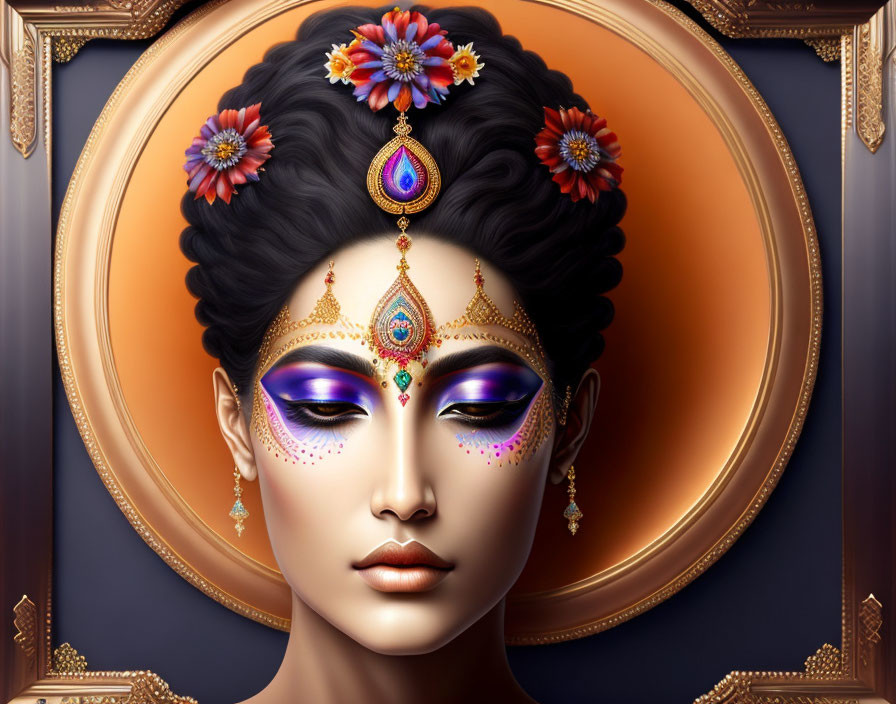 Vibrant makeup woman with ornate jewelry and flowers on elegant golden backdrop