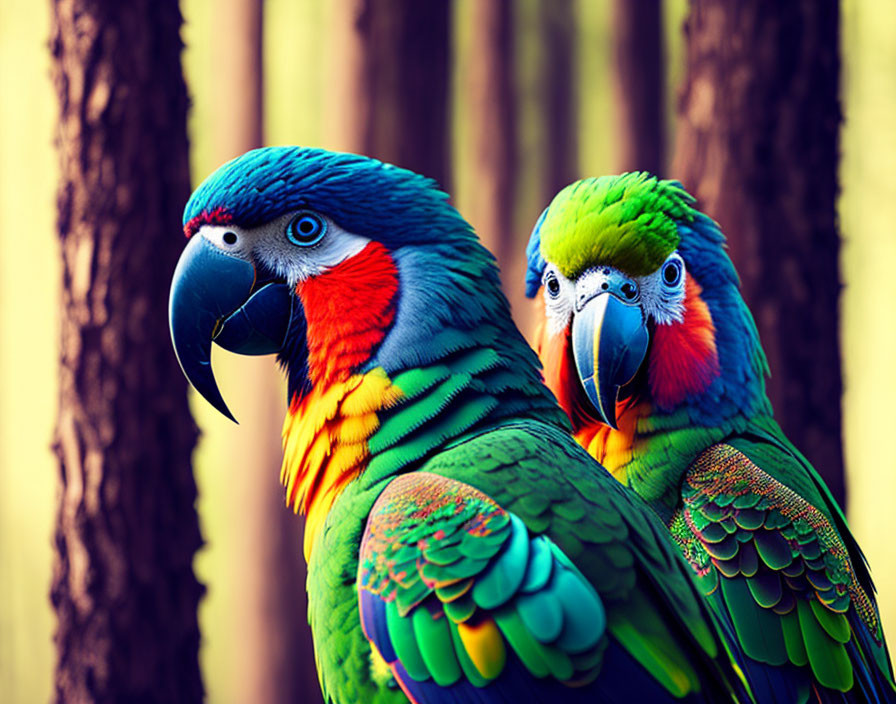 Colorful Parrots Perched in Forest Setting