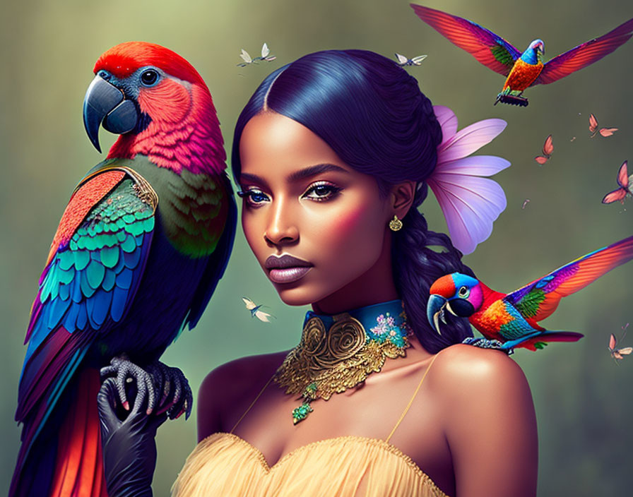 Colorful woman with parrots and butterflies in moody setting