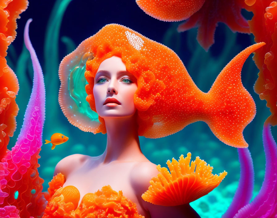 Surreal portrait of woman with orange jellyfish hair in neon coral setting