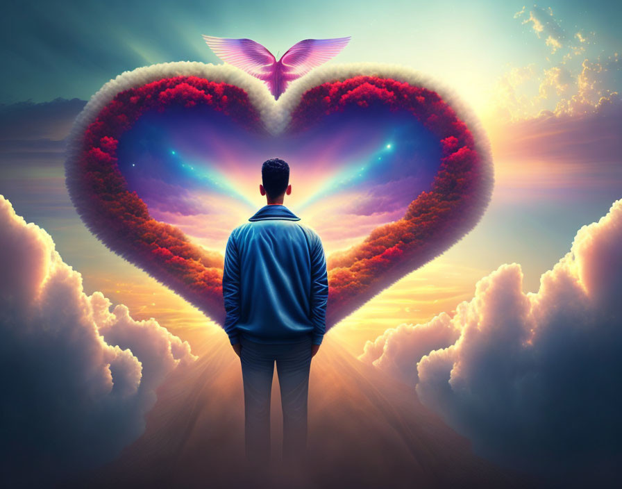 Man Standing Before Heart-Shaped Sky Portal with Clouds and Bird