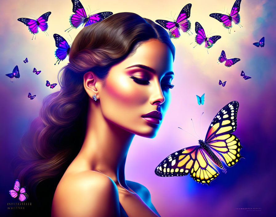 Woman's profile with vibrant butterflies on purple gradient.