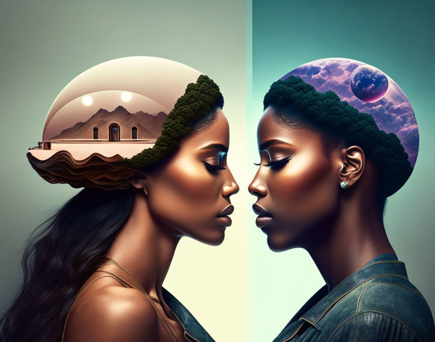 Two women with surreal landscape hair profiles - desert and moonlit night sky.