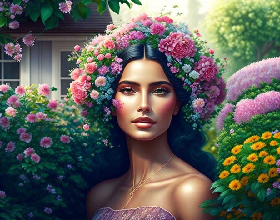 Colorful Digital Illustration: Woman with Floral Crown in Vibrant Garden